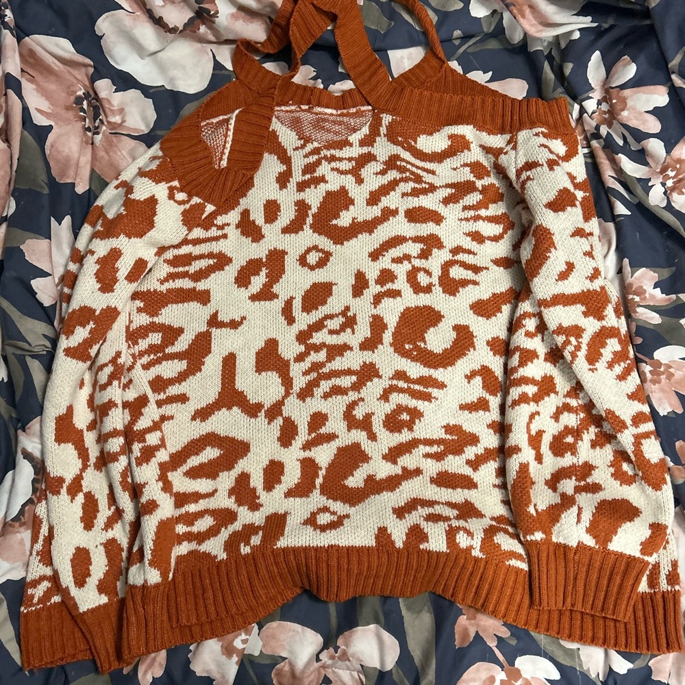 Elegant Off-the-Shoulder Sweater in Orange and Cream